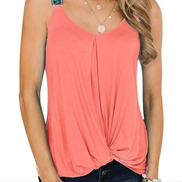 Hiistandd Women's Comfy Casual Sleeveless V Neck Twist Knotted Tank Top Shirt, - Picture 3 of 12